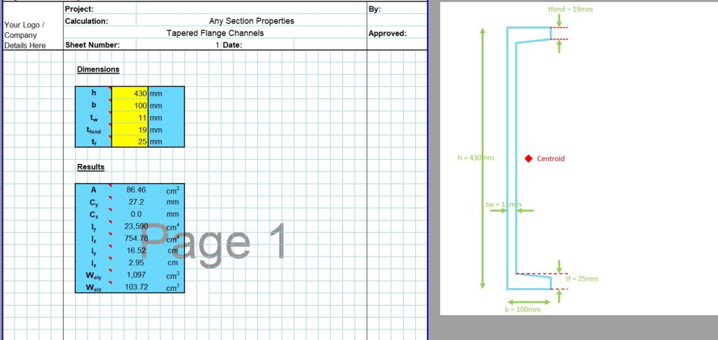Channel Section Properties Calculator - BUilt Up TFC