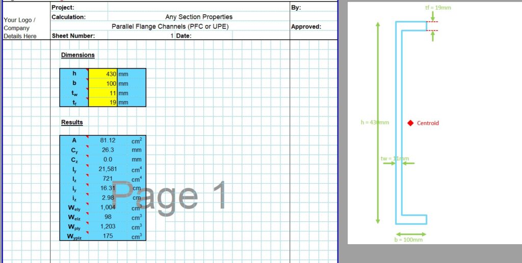 Channel Section Properties Calculator - Built Up PFC