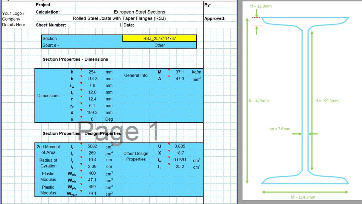 I Beam Section Properties Calculator - European RSJ - CivilWeb Spreadsheets