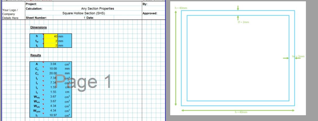 SHS Section Properties Calculator - Built Up SHS