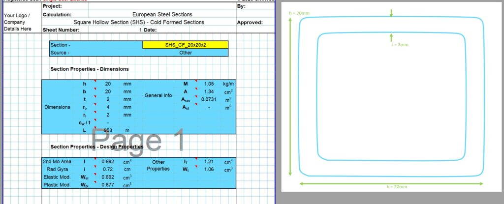 SHS Section Properties Calculator - European SHS