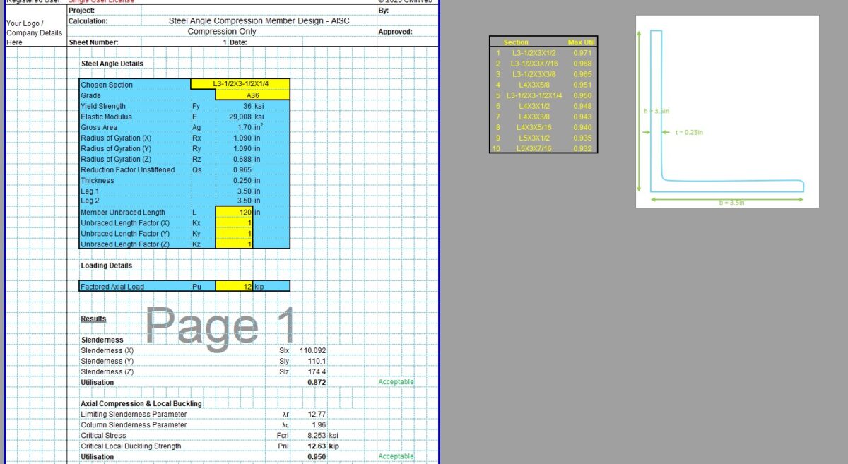 Steel Angle Design Spreadsheet - AISC Single Compression - CivilWeb ...