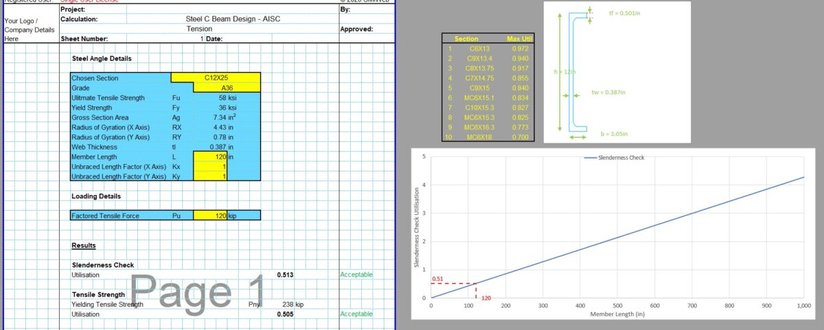 Steel Channel Design Spreadsheet - AISC Tension - CivilWeb Spreadsheets