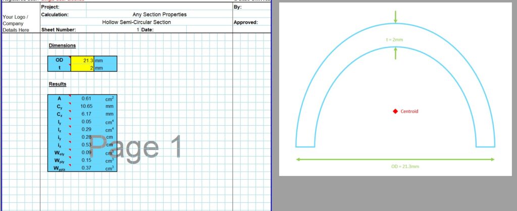 Tube Moment of Inertia Calculator - Hollow Semi Circle